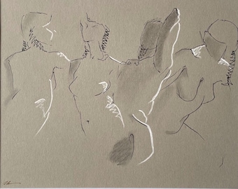 Turning Forms - original life figure drawing in graphite and chalk on toned paper