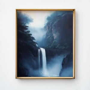 Waterfall Landscape Art Print – Serene Waterfall in Misty Forest, Digital Painting, Nature Inspired Wall Decor, Calm & Peaceful Artwork