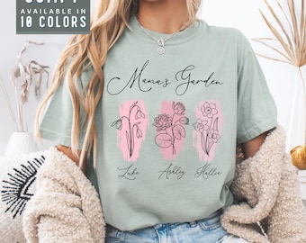 Gepersonaliseerde moeders tuinshirt, custom geboortebloem T-shirt, Moederdagcadeau, moedershirt met kindernamen, moeder T-shirt bloemen, moeder cadeau gepersonaliseerd