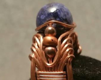 Fossil Bead Ring in Midnight Blue Wire-sculpted in Copper by Nonpareil Ltd Item #RFB-0531