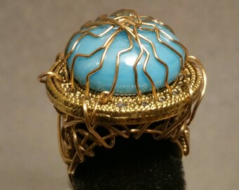 Bronze Wire-Sculpted Cocktail Ring with Aqua Blue Glass Cabochon by Nonpareil, Ltd. #SDROL-150127-31