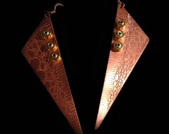 Copper Geometric Hand Engraved Earrings with Brass Micro Rivets by Nonpareil Ltd. #ERIV-141031-4