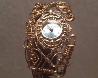 Bronze Wire-Sculpted Bracelet Watch with Pale Blue Face and Quartz Movement by Nonpareil, Ltd. #WDC-121027-79