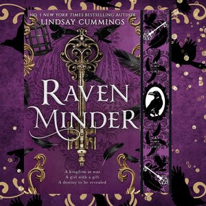 May include: A book cover for "Raven Minder" by Lindsay Cummings. The cover features a large ornate key over a purple background with gold accents and black raven silhouettes. The text includes "No. 1 New York Times Bestselling Author" and a summary.