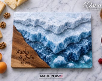 Tábua de corte de vidro personalizada com tema glaciar, decoração de cozinha com nome personalizado, presente de casamento para casal, presente de aniversário, presente de boas-vindas.
