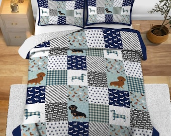 Custom  Christmas Puzzle Lightweight Quilt /Duvet Zipper Cover Bedding Set, Personalized Dachshund Paid Bedding Set of 3 w. 2 Pillowcases