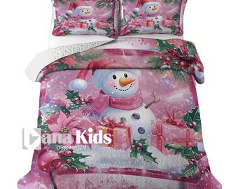 Custom Christmas Lightweight Puzzle  Quilt /Duvet Zipper Cover Bedding Set, Personalized Pink Snowman Bedding Decor with 2 Pillowcases