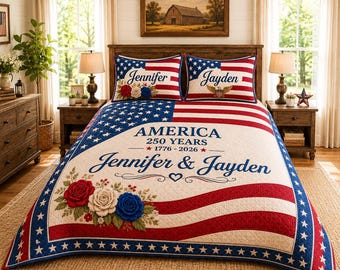 Set di biancheria da letto personalizzato America 250 leggero con trapunta o copripiumino con cerniera, set di 3 trapunte patriottiche personalizzate con 2 federe, regalo per il 4 luglio