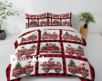 Personalized Christmas Red Truck Gnome Bedding Set, Custom Christmas Lightweight Puzzle  Quilt /Duvet Zipper Cover Bedding Set 2 Pillowcases