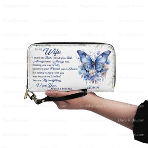 Bolsa tipo carteira personalizada para minha esposa, bolsa tipo carteira borboleta monarca com nome personalizado, presente de dia das mães, presente de aniversário, presente de Natal para namorados