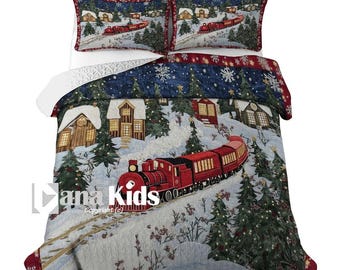 Custom  Christmas Lightweight Puzzle Quilt or Duvet Zipper Cover Bedding Set, Personalized Christmas Train Snow Bedding Set, w 2 Pillowcases