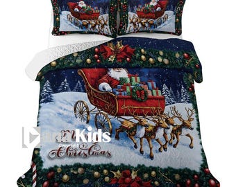 Custom Christmas Lightweight Puzzle Quilt OR Duvet Zipper Cover Bedding Set, Personalized Santa Sleigh, Reindeer Bedroom Decor 2 Pillowcases