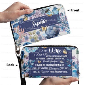 Benutzerdefinierte für meine Frau Geldbörse, personalisierte Name Blaue Blumen Nachricht Kupplung, Muttertagsgeschenk, Geburtstagsgeschenk, Valentinstag, Weihnachtsgeschenk