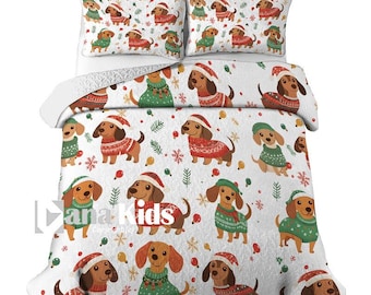 Custom Personalized Christmas Dachshund Quilt Bedding Set, Holiday Duvet Cover