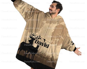 Manta con capucha personalizada de ciervo, acogedora manta de sherpa para llevar puesta