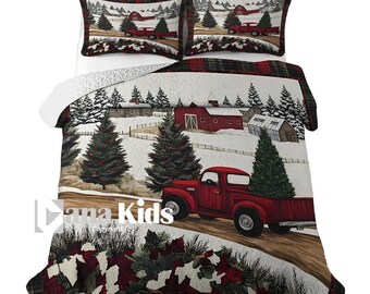 Custom Lightweight Puzzle Quilt or Duvet Cover Set, Personalized Name Red Truck Christmas Trees Bedding Set with 2 Pillowcases, Holiday Deco