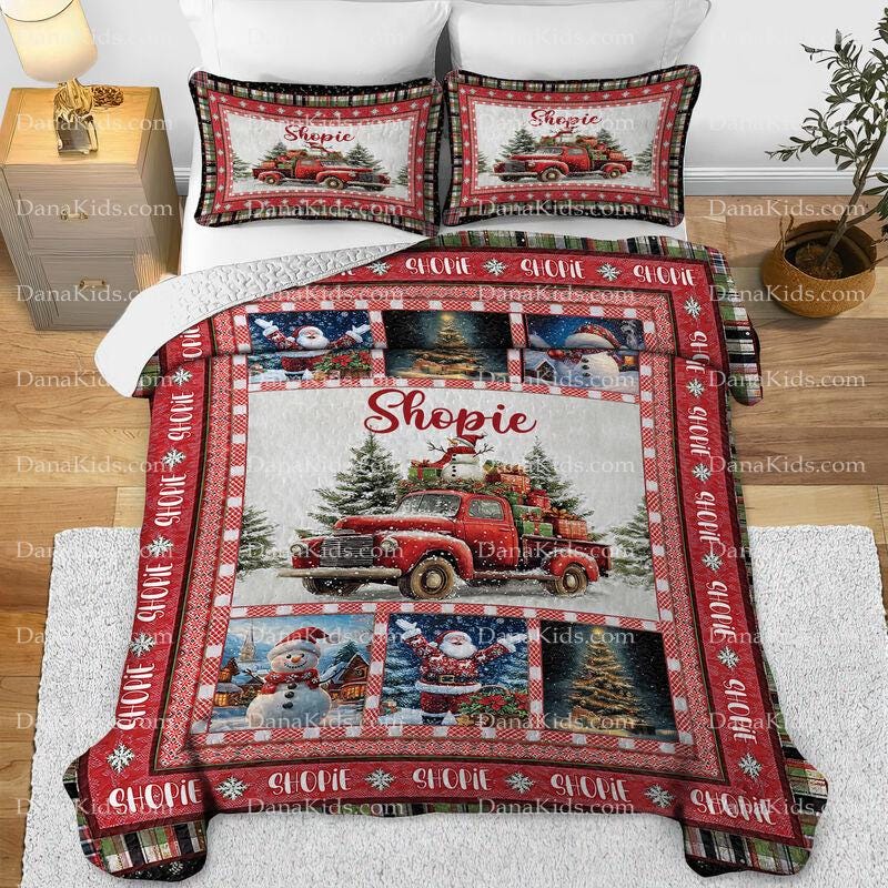 Custom Name Puzzle Quilt Bedding Set, Personalized Christmas Red Truck Quilt Bedding Set, Set of 3 Quilt Blanket & 2 Pillowcases, Gift