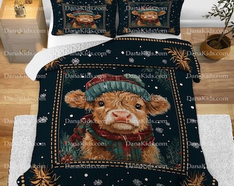 Custom Puzzle Quilt Bedding Set, Personalized Christmas Cow Quilt Bedding Set, Set of 3 Quilt Blanket & 2 Pillowcases, Christmas Gift