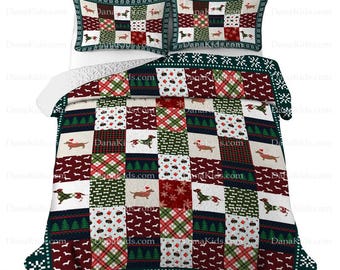 Custom Puzzle Quilt Bedding Set, Personalized Dachshund Christmas Plaid Quilt Bedding Set, Set of 3 Quilt Blanket & 2 Pillowcases