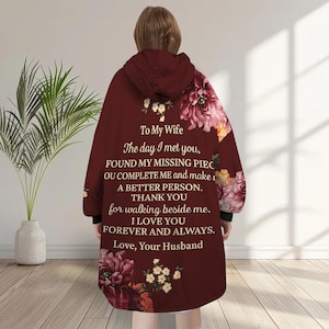 Custom To My Wife Blanket Hoodie, Personalized Name Floral Wearable Blanket, Valentine Gift, Gift for Her, Birthday Gift