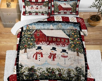 Custom Puzzle Quilt Bedding Set, Personalized Christmas Snowman Red Barn Quilt Bedding Set, Set of 3 Quilt Blanket & 2 Pillowcases