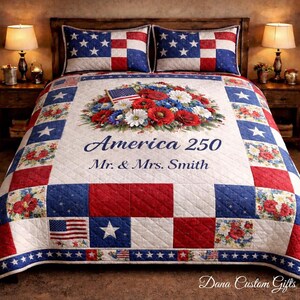 Personalized America 250 Lightweight Quilt or Duvet Zipper Cover Bedding Set, Custom Patriotic Quilt Set of 3 w 2 Pillow Case, July 4 Gift