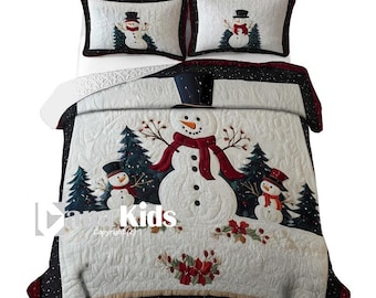 Custom Christmas Lightweight Puzzle  Quilt /Duvet Zipper Cover Bedding Set, Personalized Frosty Friends Snowman Bedding / 2 Pillowcases Set