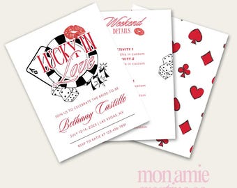 May include: A white invitation with red and black accents for a bridal shower. The invitation features a casino theme with a roulette wheel, dice, and playing cards. The text on the invitation reads "Lucky in Love" and "Join us to celebrate the bride-to-be Bethany Castillo".