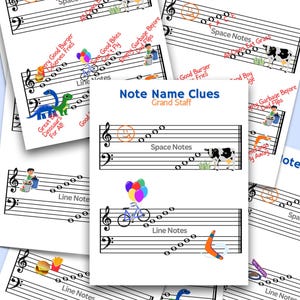 May include: A set of five printable worksheets for learning music notes on the grand staff. Each worksheet features a different set of musical notes with a corresponding image and a short phrase to help remember the note name. The phrases include "Every Good Burger Deserves Fries", "Great Dinosaurs For All", "Good Boy", "Boomerangs Fly Away", and "Empty Garbage Before Bed Flips".