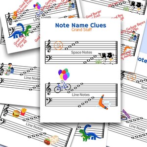 Peut inclure: Une fiche pédagogique blanche intitulée Note Name Clues Grand Staff présentant des portées musicales avec des clés de sol et de fa. La fiche inclut des illustrations d'une vache, d'un vélo avec des ballons colorés et d'un boomerang.