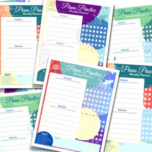 May include: A selection of "Piano Practice Weekly Planner" sheets in various colours. Each planner includes sections for technique, repertoire, and notes, with decorative designs in blue, purple, green, and orange. The planner includes a calendar and warm-up checklist.