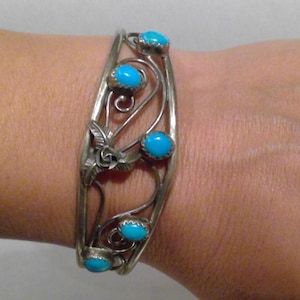 Turquoise and Flower Sterling Silver Cuff