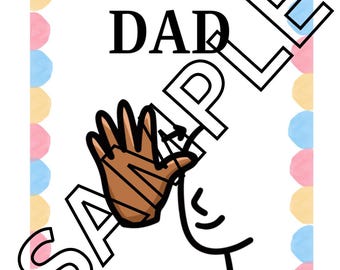 Puede incluir: Una tarjeta blanca con un borde colorido de círculos rosas, amarillos y azules. La tarjeta dice "DAD" en letras negras. Una mano de dibujos animados con un vendaje marrón se muestra en la esquina superior derecha de la tarjeta.