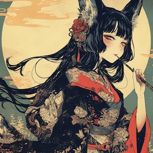 Mystic Kitsune Elegance -Japanese Art Print