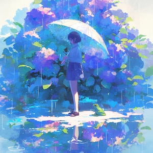 Reflections in a Rainy Garden – Japanese Girl and Hydrangea Printable Wall Art