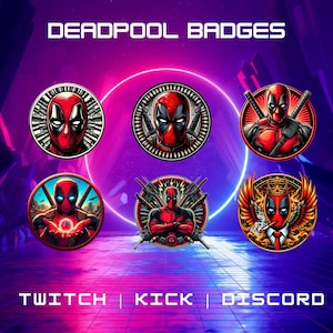 May include: A collection of six Deadpool badges with various designs, featuring the character's mask and likeness. The badges are circular and set against a purple and blue gradient background. Text at the top reads "DEADPOOL BADGES".