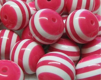 20mm.. 12pcs. Fuchsia and White STRIPE Acrylic Plastic Gumball Beads. SLIGHTLY IRREGULAR 2mm hole. 031807