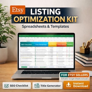 Könnte beinhalten: Ein Laptop zeigt ein Etsy-Listing-Optimierungskit mit Tabellen und Vorlagen. Der Bildschirm zeigt eine SEO-Checkliste, einen Titelgenerator und einen Tag-Planer. Das Bild enthält das Etsy-Logo und den Text: "Für Etsy-Verkäufer, bearbeitbare Google Sheets & Excel, Sofort-Download."