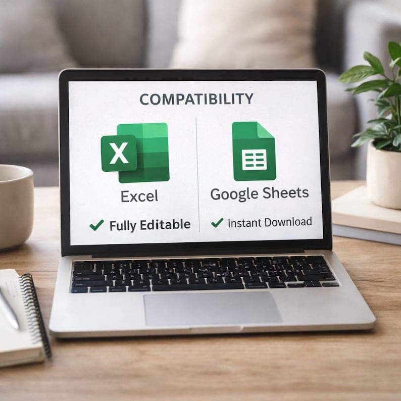 May include: A laptop displays "COMPATIBILITY" with Excel and Google Sheets logos. Excel is labeled "Fully Editable" and Google Sheets is labeled "Instant Download". The laptop is open on a wooden desk with a notebook and a mug.