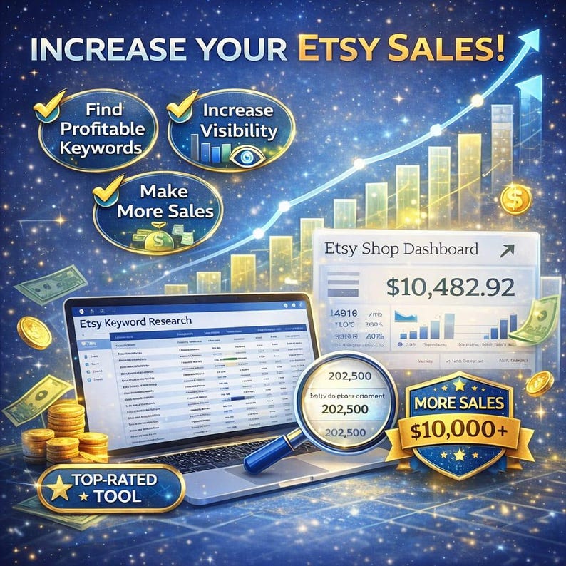May include: An illustration promoting Etsy sales. The image features a laptop displaying "Etsy Keyword Research" and a dashboard showing $10,482.92. Text includes "Increase Your Etsy Sales!", "Find Profitable Keywords", "Increase Visibility", and "Make More Sales".