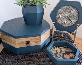 Modern Teal Geometric Decor Set – Hand Painted Box, Clock, Tray, Vase