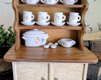 Hand Refinished Vintage Miniature Hutch Dollhouse Cabinet w/ Floral Dish Set Vintage