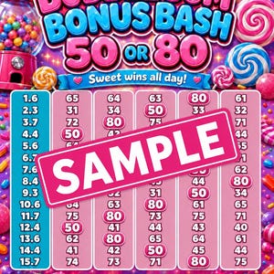 Bubblegum Bonus Bash Bingo Board, 50 or 80 Game, Candy Theme (Digital Download)