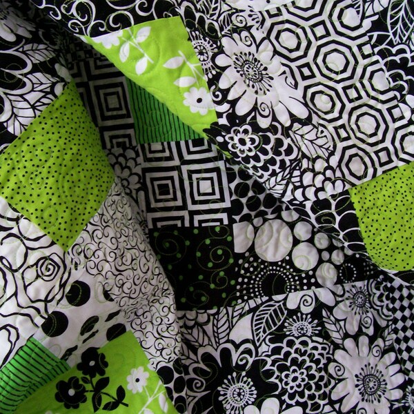Lap Quilt - Modern Black, White and Lime Green (Free U.S. Shipping)