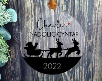 Personalised Nadolig Cyntaf ornament,  Custom wood decoration, Acrylic Bauble decoration for Babys First Christmas 2023 Welsh Language