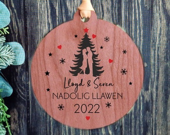 Custom Christmas Bauble Christmas Tree design ornament,  personalised rustic wooden decoration Couple Nadolig Llawen 2023