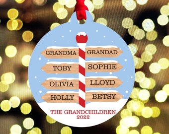 Custom Christmas Ornament, Personalised Christmas Decoration, Grandchildren North Pole Signpost Family Christmas name bauble, Christmas 2023