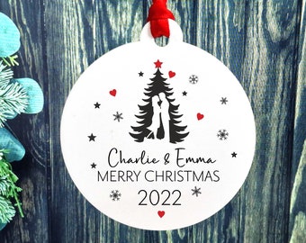 Custom Christmas Bauble Christmas Tree design ornament,  personalised rustic wooden decoration 1st Christmas Couple Merry Christmas