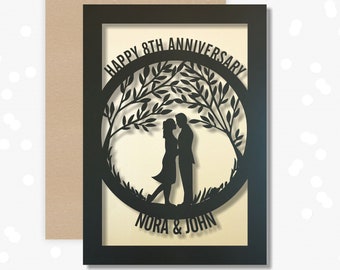 Personalised Papercut 8 Year Wedding Anniversary Card.  8th Wedding anniversary paper cut card Bronze Anniversary silhouette tree couple