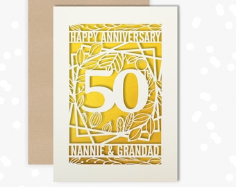 Personalised card 50 Year wedding anniversary Papercut Celebrate Golden 50th wedding anniversary with this beautiful Card for couples Gold